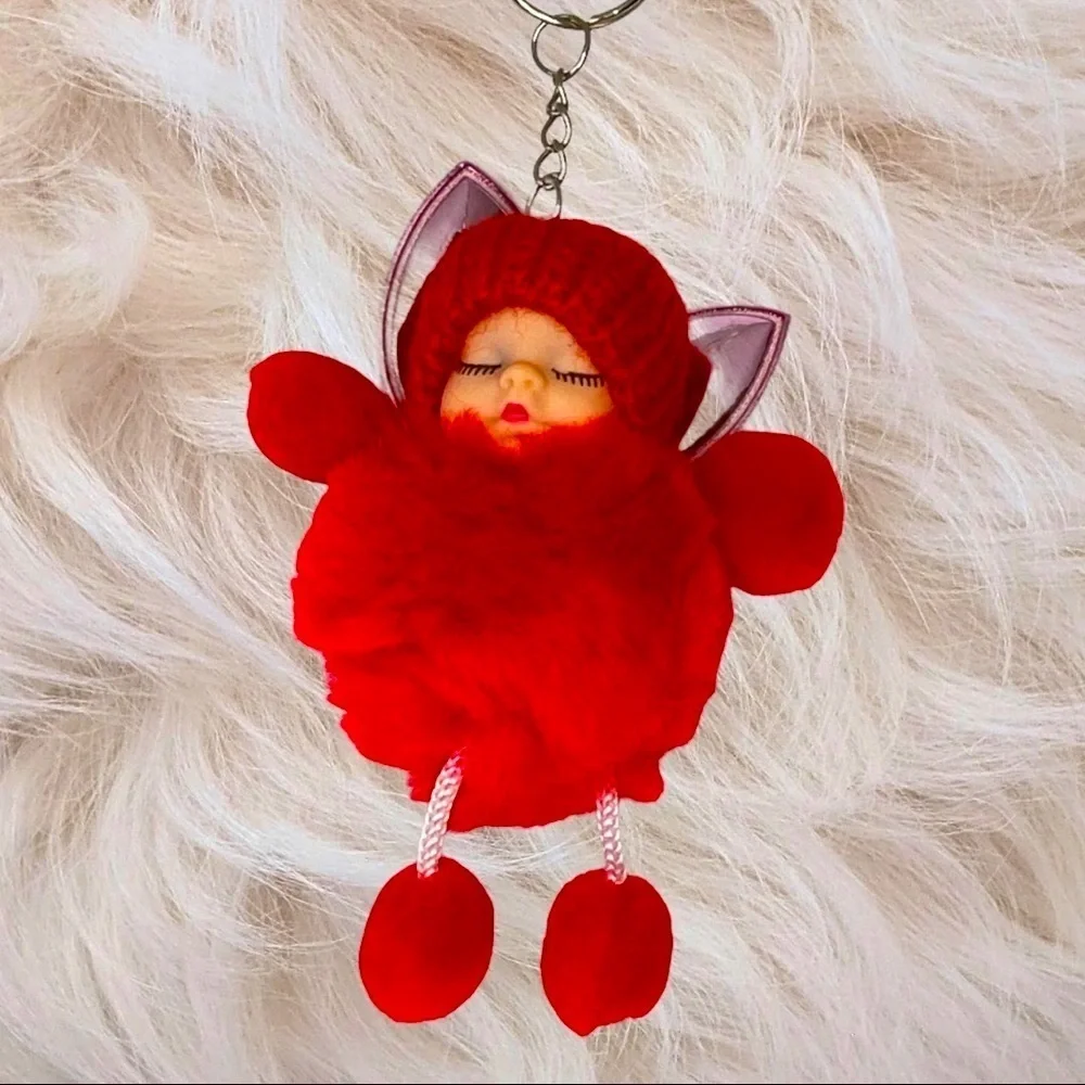 SLEEPY BABY WITH FAIRY WINGS SMALL POMPON IN RED  KEYCHAIN‎ CHARM